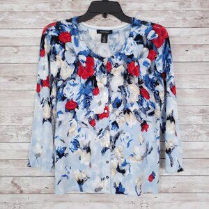 White House Black Market Womens Cardigan M Button Up Floral Red Blue 921